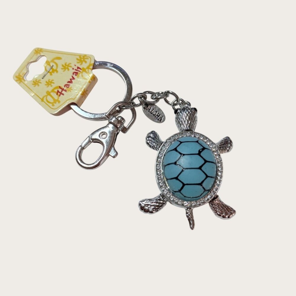 New Hawaii Aloha Sea Turtle Keychain Keyring Blue Silver Tone Vacation Travel